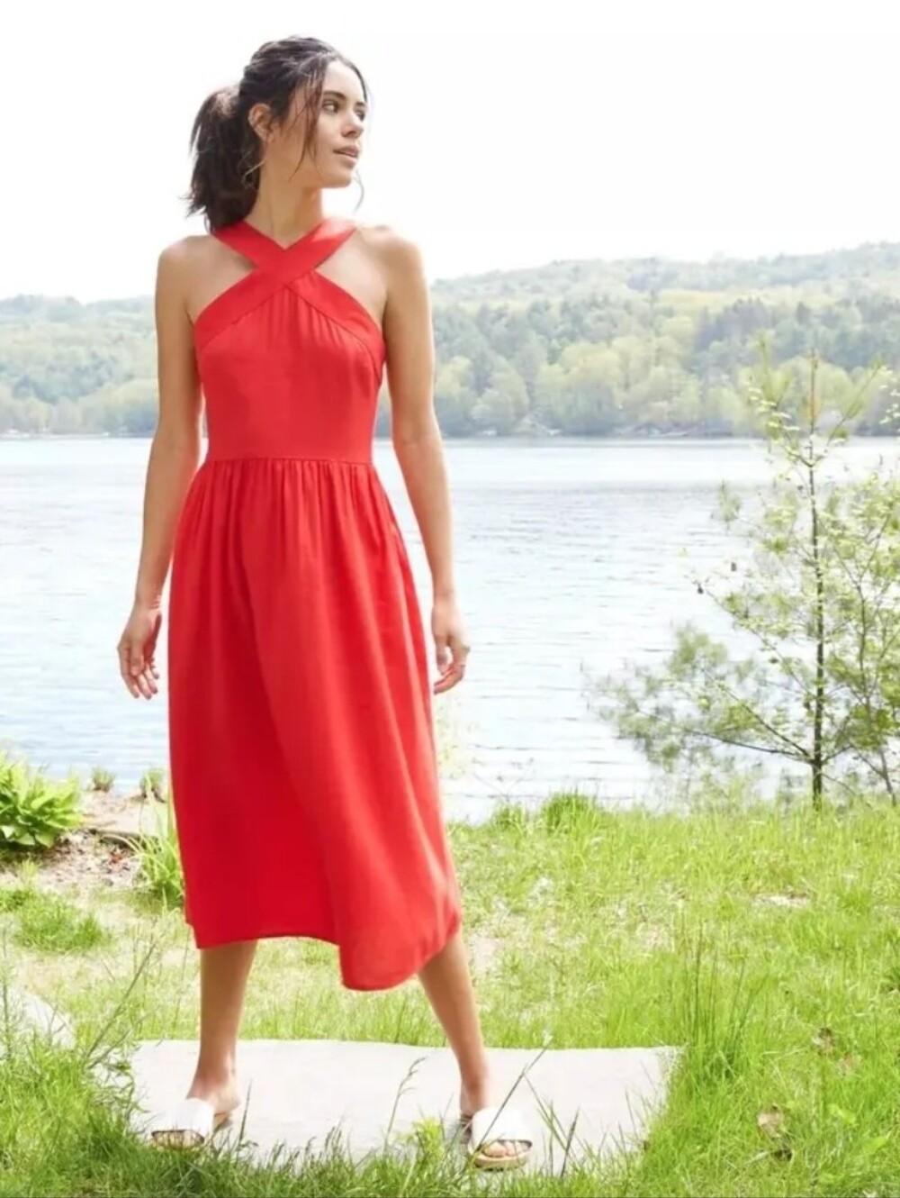 Poppy Linen Blend Halter Midi Dress Sz M Summer Travel Pockets Coastal Vacation